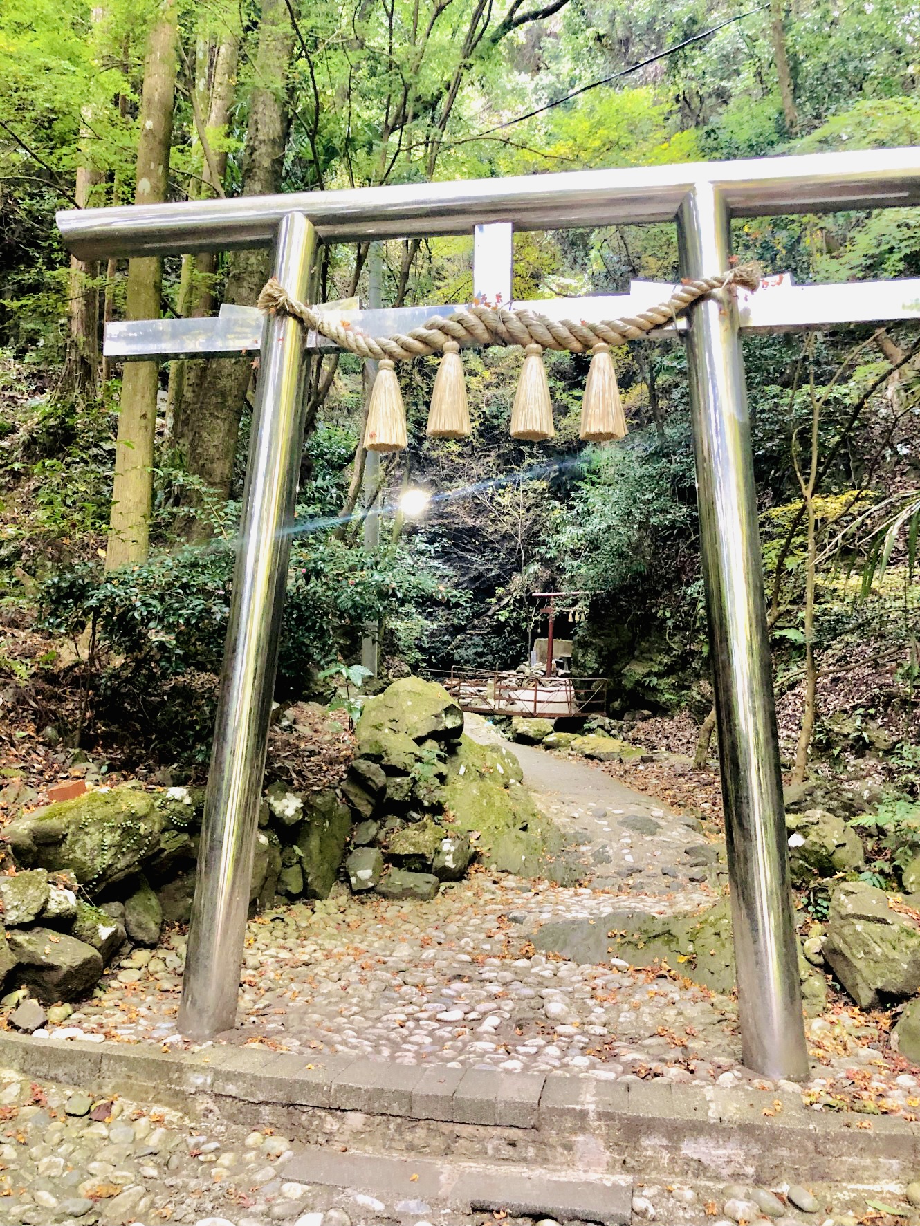 <p>外側がアルミできた鳥居。<br />
奥に木製の祠があります。</p>
